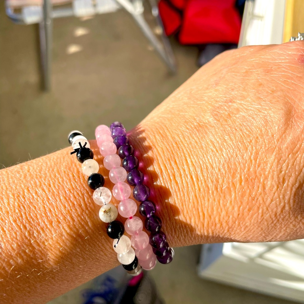 Stretch bracelets. Amethyst, Rose Quartz, and Tourmaline Quartz